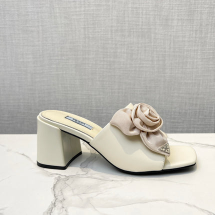 PRA FLOWER BLOCK HEELS 75 IVORY CALFSKIN