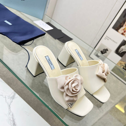 PRA FLOWER BLOCK HEELS 75 IVORY CALFSKIN