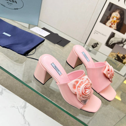 PRA FLOWER BLOCK HEELS 75 LIGHT PINK CALFSKIN