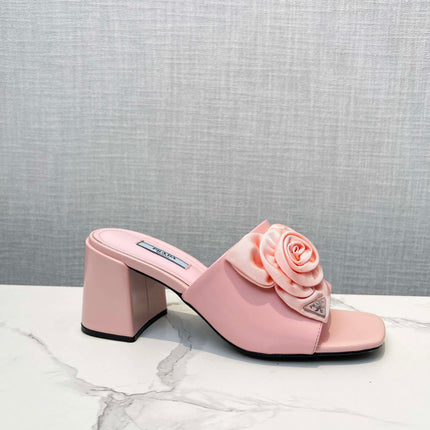 PRA FLOWER BLOCK HEELS 75 LIGHT PINK CALFSKIN