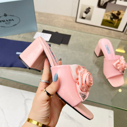 PRA FLOWER BLOCK HEELS 75 LIGHT PINK CALFSKIN