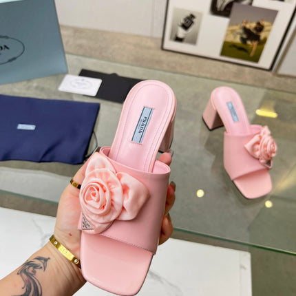PRA FLOWER BLOCK HEELS 75 LIGHT PINK CALFSKIN