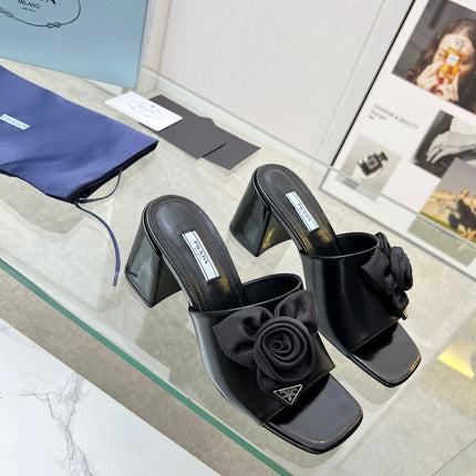 PRA FLOWER BLOCK HEELS 75 BLACK CALFSKIN