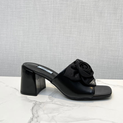 PRA FLOWER BLOCK HEELS 75 BLACK CALFSKIN