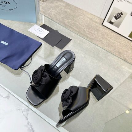 PRA FLOWER BLOCK HEELS 75 BLACK CALFSKIN