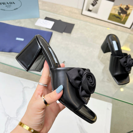 PRA FLOWER BLOCK HEELS 75 BLACK CALFSKIN