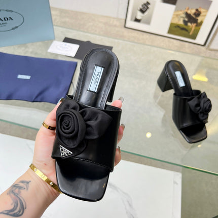 PRA FLOWER BLOCK HEELS 75 BLACK CALFSKIN