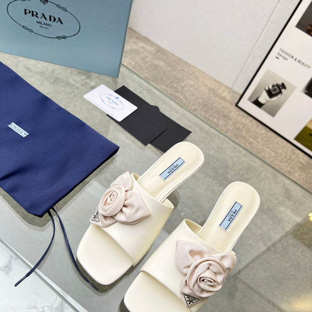 PRA FLOWER POINTED HEELS 55 IVORY CALFSKIN