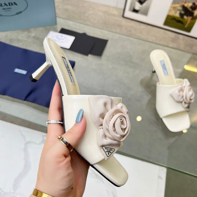 PRA FLOWER POINTED HEELS 55 IVORY CALFSKIN