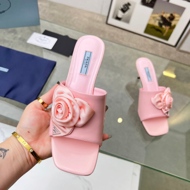 PRA FLOWER POINTED HEELS 55 LIGHT PINK CALFSKIN