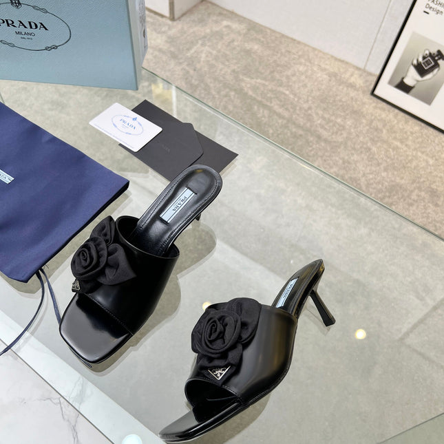 PRA FLOWER POINTED HEELS 55 BLACK CALFSKIN