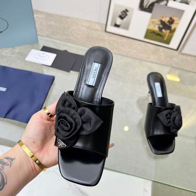 PRA FLOWER POINTED HEELS 55 BLACK CALFSKIN