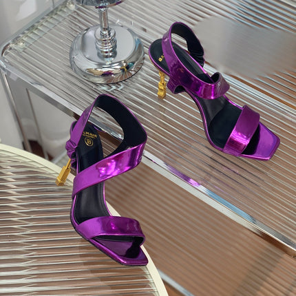 BALMAIN 25S HIGH HEEL SANDALS 95MM IN ROYAL PURPLE GLOSSY CALFSKIN