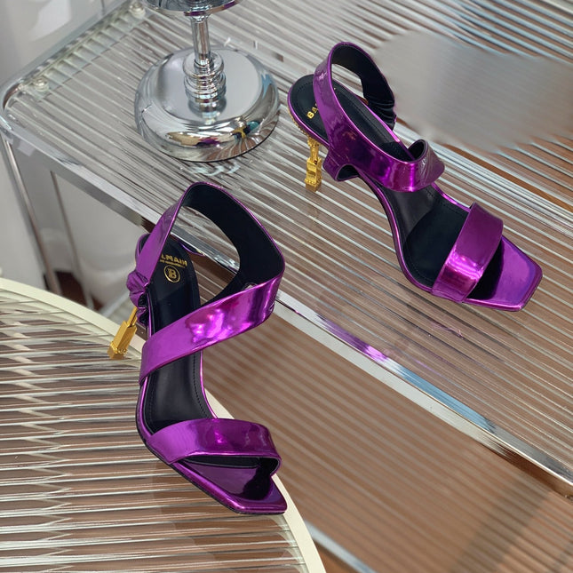 BALMAIN 25S HIGH HEEL SANDALS 95MM IN ROYAL PURPLE GLOSSY CALFSKIN