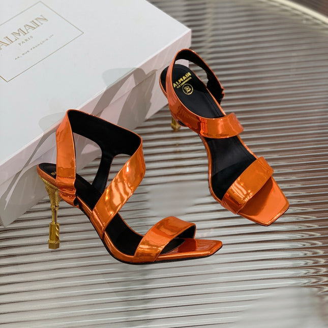 BALMAIN 25S HIGH HEEL SANDALS 95MM IN BURNT ORANGE GLOSSY CALFSKIN