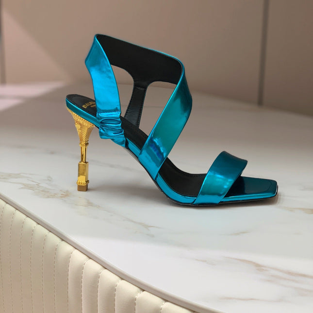 BALMAIN 25S HIGH HEEL SANDALS 95MM IN PETROL BLUE GLOSSY CALFSKIN