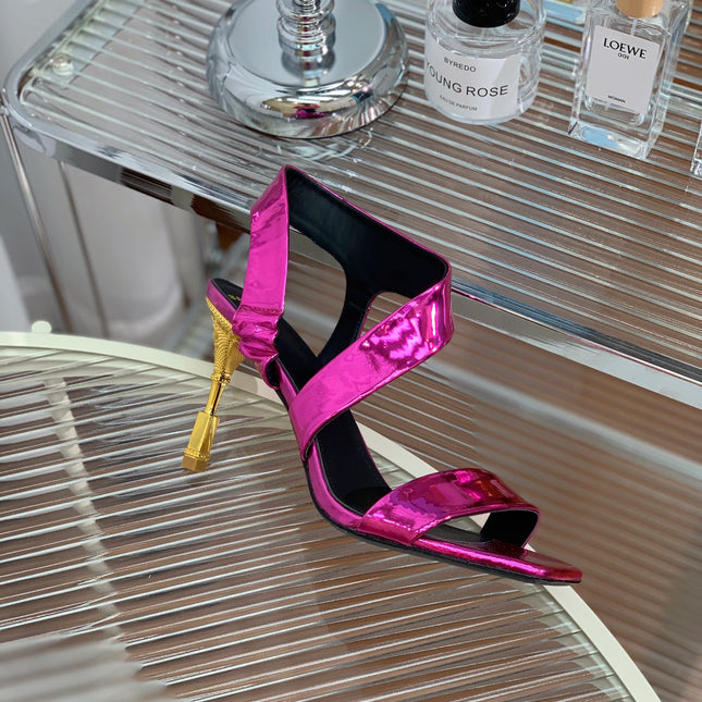 BALMAIN 25S HIGH HEEL SANDALS 95MM IN MAGENTA GLOSSY CALFSKIN