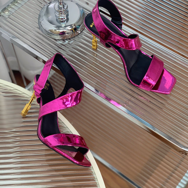 BALMAIN 25S HIGH HEEL SANDALS 95MM IN MAGENTA GLOSSY CALFSKIN