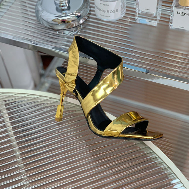 BALMAIN 25S HIGH HEEL SANDALS 95MM IN GOLD GLOSSY CALFSKIN