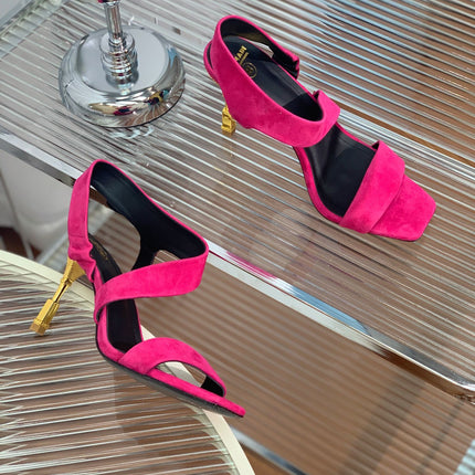 BALMAIN 25S HIGH HEEL SANDALS 95MM IN FUCHSIA SUEDE