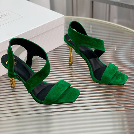 BALMAIN 25S HIGH HEEL SANDALS 95MM IN DARK GREEN SUEDE