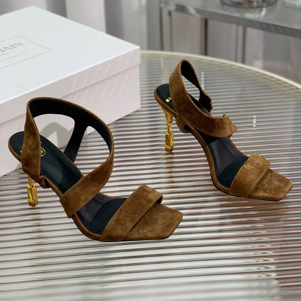 BALMAIN 25S HIGH HEEL SANDALS 95MM IN BROWN SUEDE