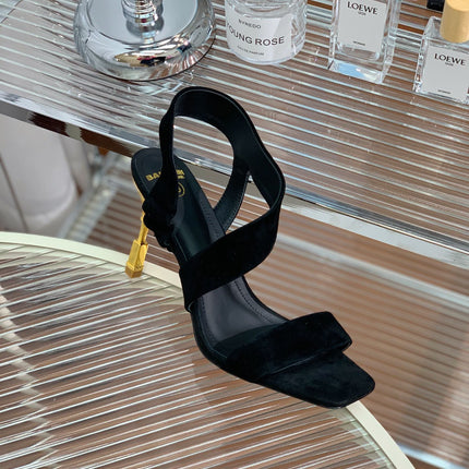 BALMAIN 25S HIGH HEEL SANDALS 95MM IN BLACK SUEDE