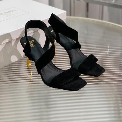 BALMAIN 25S HIGH HEEL SANDALS 95MM IN BLACK SUEDE