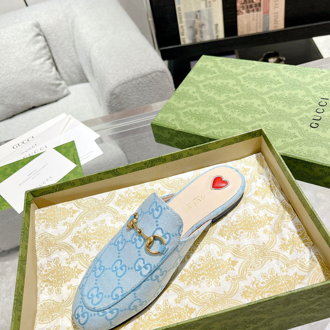 MEN'S MULE WITH HORSEBIT IN LIGHT BLUE MONOGRAM JACQUARD FABRIC