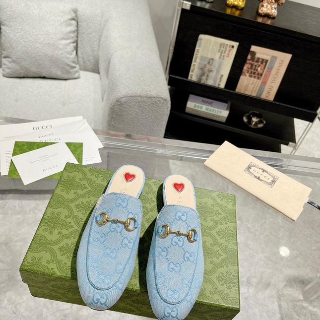 MEN'S MULE WITH HORSEBIT IN LIGHT BLUE MONOGRAM JACQUARD FABRIC