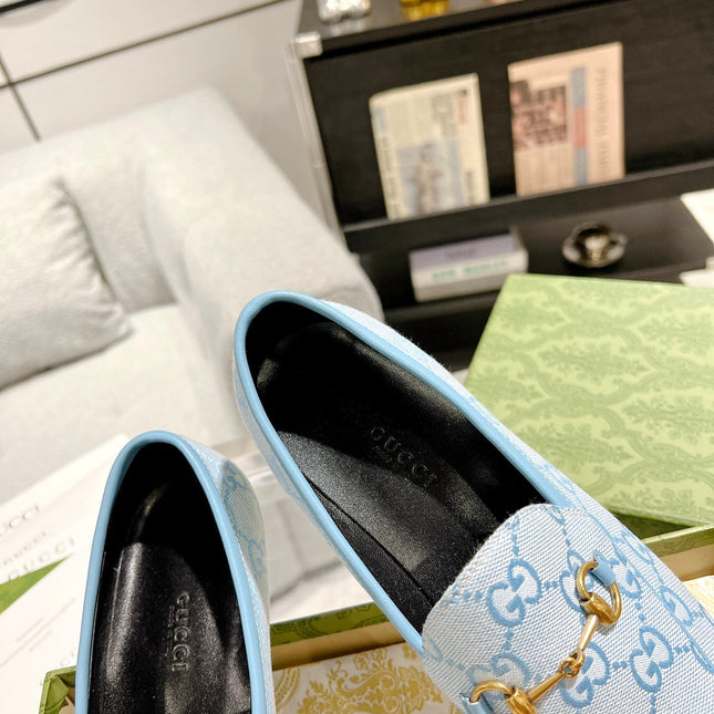 MEN'S LOAFER WITH HORSEBIT IN LIGHT BLUE MONOGRAM JACQUARD FABRIC