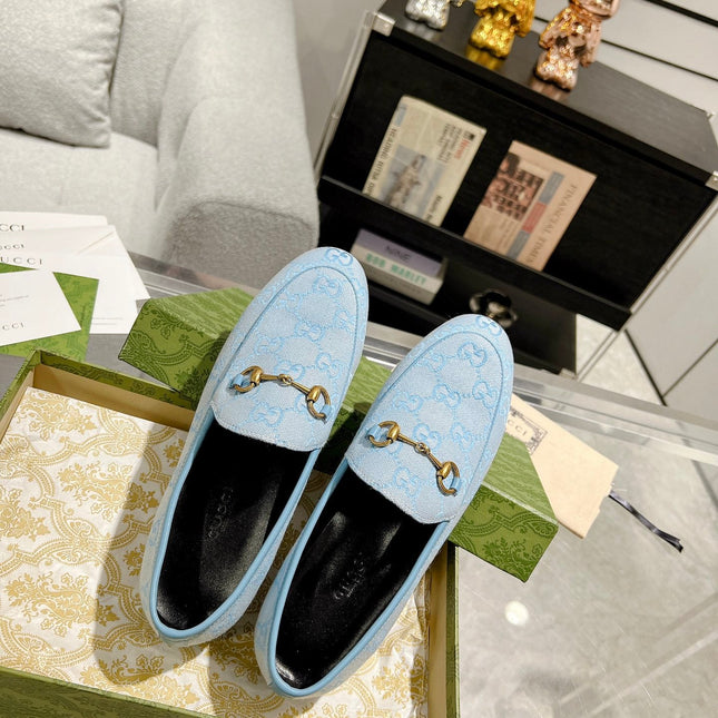 MEN'S LOAFER WITH HORSEBIT IN LIGHT BLUE MONOGRAM JACQUARD FABRIC