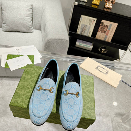 MEN'S LOAFER WITH HORSEBIT IN LIGHT BLUE MONOGRAM JACQUARD FABRIC
