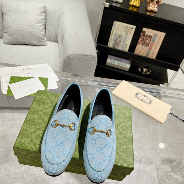 MEN'S LOAFER WITH HORSEBIT IN LIGHT BLUE MONOGRAM JACQUARD FABRIC