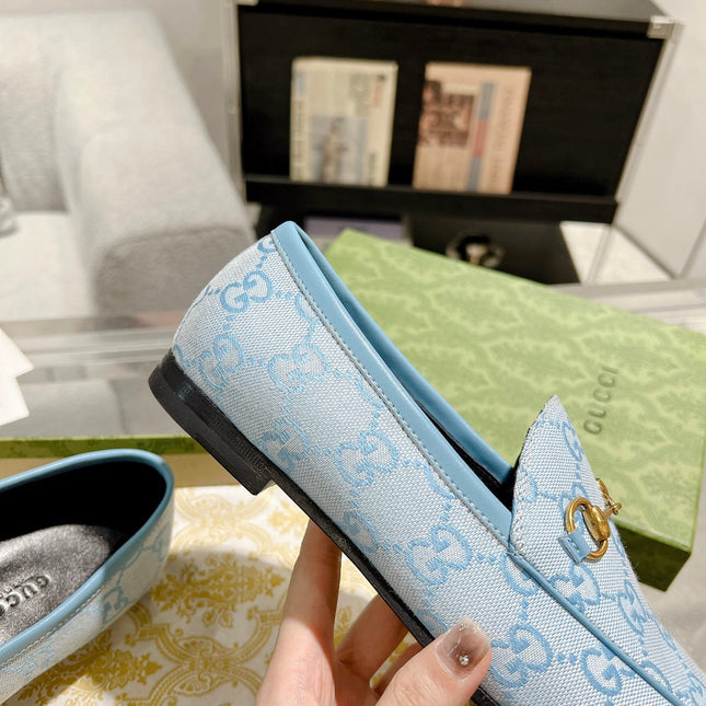 MEN'S LOAFER WITH HORSEBIT IN LIGHT BLUE MONOGRAM JACQUARD FABRIC