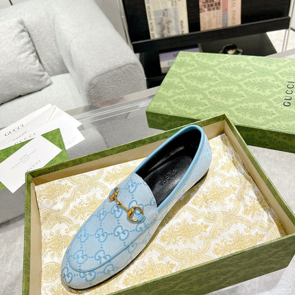 MEN'S LOAFER WITH HORSEBIT IN LIGHT BLUE MONOGRAM JACQUARD FABRIC