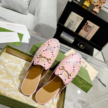 HORSEBIT SLIPPER MULE WITH CUTE CAT PRINT IN LIGHT PINK CALFSKIN