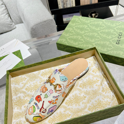 HORSEBIT SLIPPER MULE WITH CUTE ANIMAL PRINT IN WHITE CALFSKIN