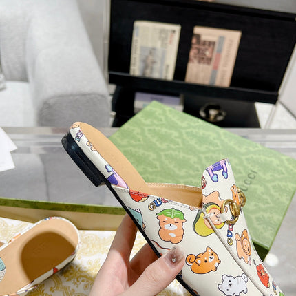 HORSEBIT SLIPPER MULE WITH CUTE ANIMAL PRINT IN WHITE CALFSKIN