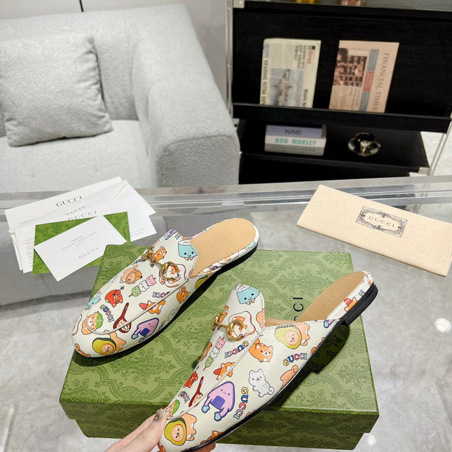 HORSEBIT SLIPPER MULE WITH CUTE ANIMAL PRINT IN WHITE CALFSKIN