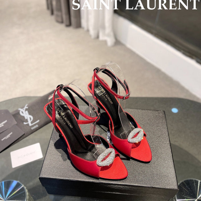 SL AYERS CRYSTAL SANDAL RED SATIN