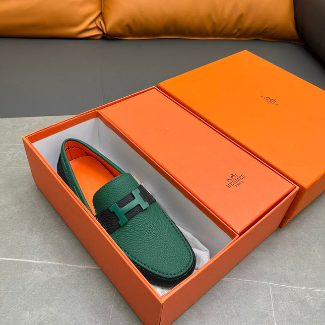 HM H-LOGO LOAFER PINE GREEN AND BLACK CALFSKIN