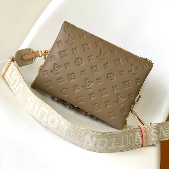 COUSSIN PM 26 IN BROWN MONOGRAM EMBOSSED LAMBSKIN GOLD HARDWARE