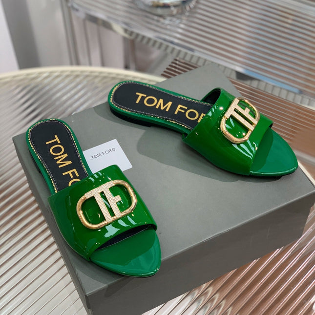 FLAT SLIDE IN PINE GREEN METALLIC CALFSKIN