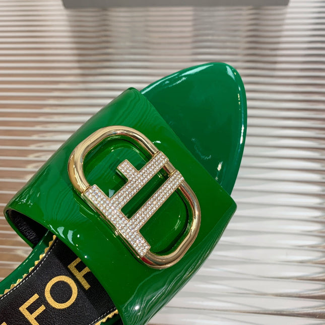 FLAT SLIDE IN PINE GREEN METALLIC CALFSKIN