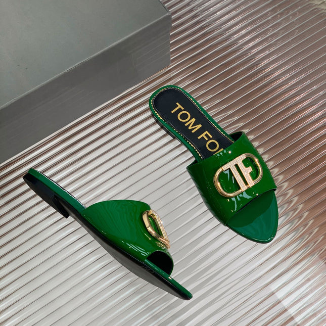 FLAT SLIDE IN PINE GREEN METALLIC CALFSKIN