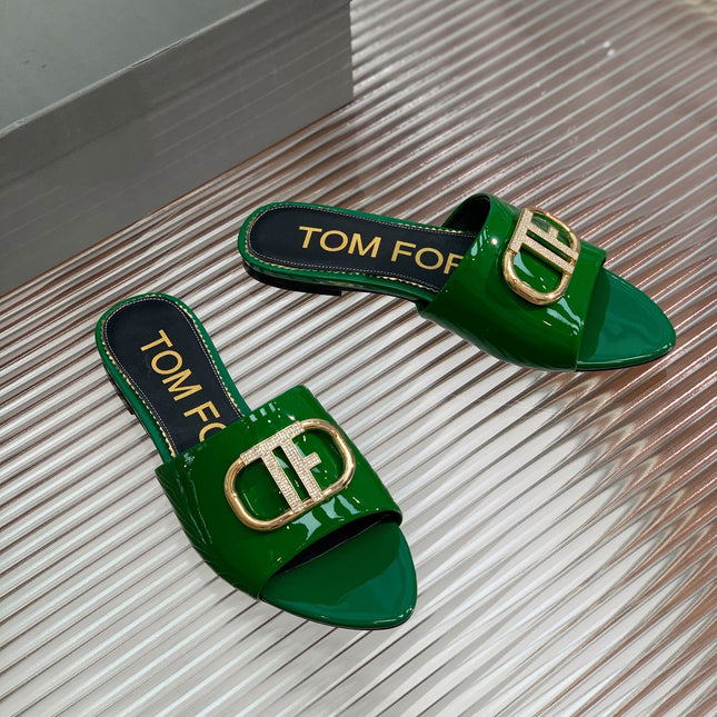 FLAT SLIDE IN PINE GREEN METALLIC CALFSKIN