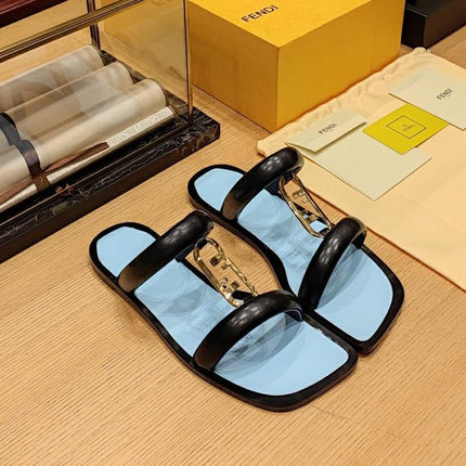 FENDI O'LOCK SLIDES BLACK AND LIGHT BLUE CALFSKIN WITH GOLD HARDWARE