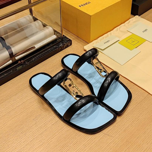 FENDI O'LOCK SLIDES BLACK AND LIGHT BLUE CALFSKIN WITH GOLD HARDWARE