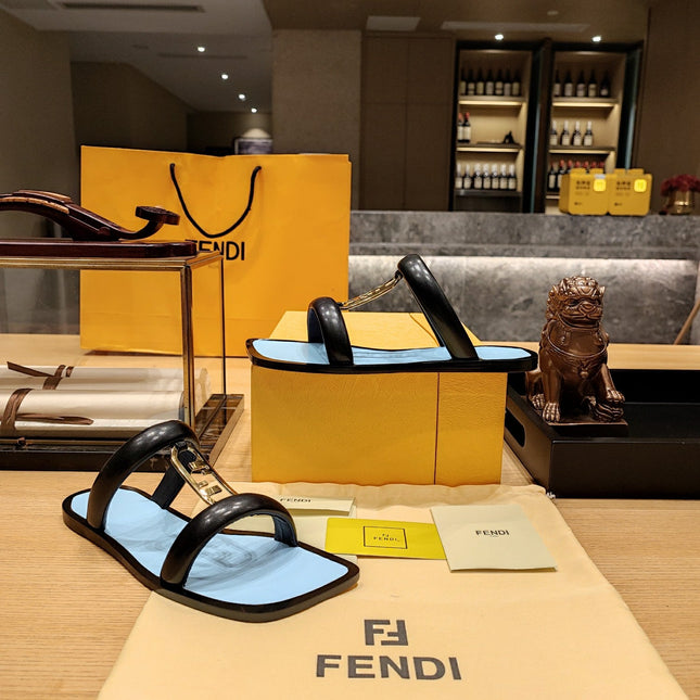 FENDI O'LOCK SLIDES BLACK AND LIGHT BLUE CALFSKIN WITH GOLD HARDWARE
